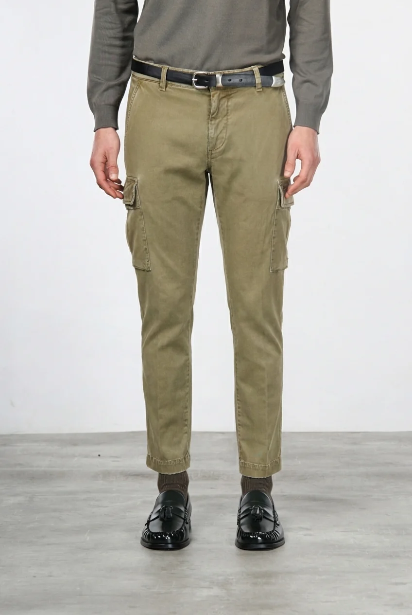 CHILE pantalone cargo uomo gabardina stretch extra slim fit beige