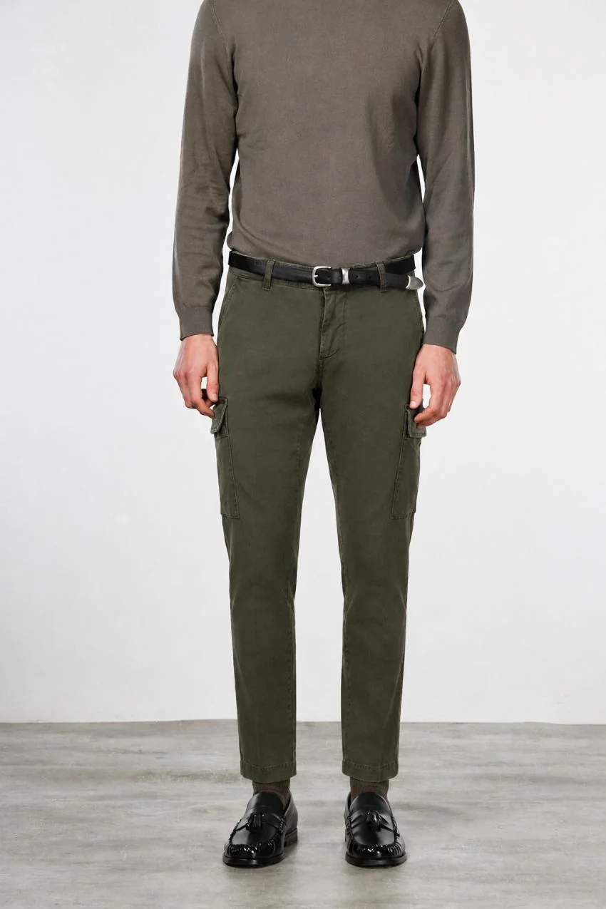 CHILE pantalone cargo uomo gabardina stretch extra slim fit verde scuro 209